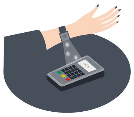 Contactless payment by smart watch. Human using terminal for paying. Isolated vector illustration on white backgroundのイラスト素材
