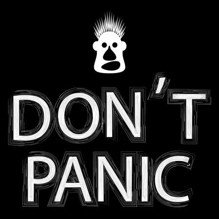 Don't panic. White funny face and text on black background. Comic cartoon vector illustration. International panic day. Print on fabric, ceramic, paper. Doodle styleのイラスト素材