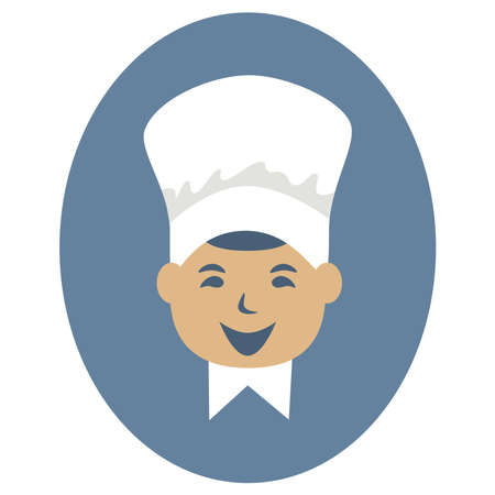 Funny cook icon on blue ellipse background. Young cook in chef's hat. Front view. Chef smiling. Isolated vector illustration on white backgroundのイラスト素材