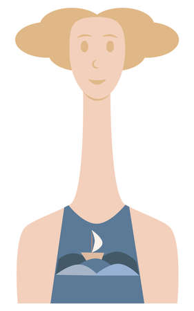 Young lady's surreal contemporary portrait. Print of sea and sailboat on clothes. Vector illustration Isolated on white backgroundのイラスト素材