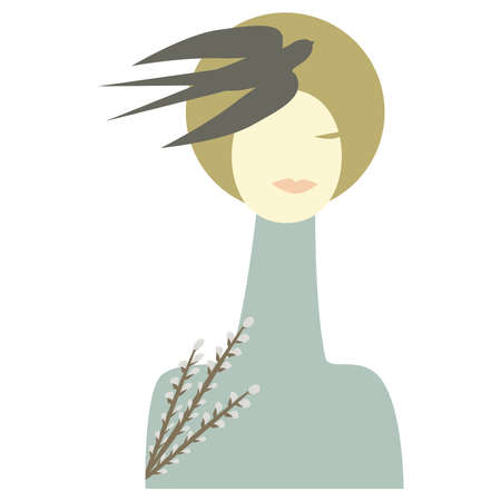 Girl portrait Spring surreal art Young woman Bright vector illustration for design Font view Isolated on white backgroundのイラスト素材