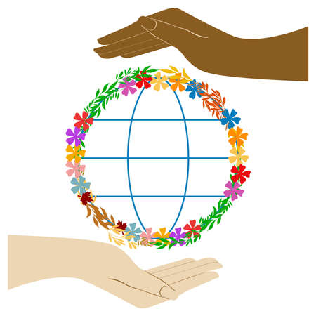 Two different human hands holding Earth Vector illustration Isolated on white backgroundのイラスト素材