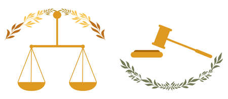 Justice scales and judge gavel. Judgment symbols Design elements for world international justice day Vector illustration Isolated on white backgroundのイラスト素材
