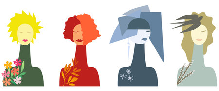 Girls Four Seasons Symbols - Summer Autumn Winter Spring Surreal art Young women portrait set. Bright vector illustration for design Front view Isolated on white backgroundのイラスト素材