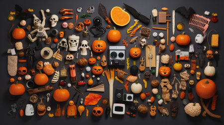 Halloween background with funny pumpkins, spiders, bats, spiders and other scary itemsの素材