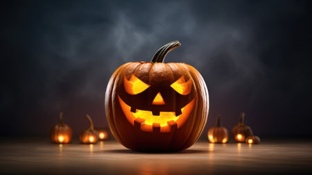 Halloween pumpkin head jack lantern on dark background. 3D renderingの素材