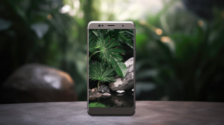 Smartphone with tropical plants on the screen. 3d rendering.の素材