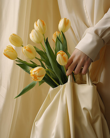 Woman's hand holding a bouquet of yellow tulips in a canvas bagの素材