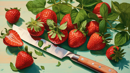 Strawberries and a knife on a green wooden background. Top view.の素材
