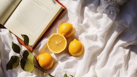 Lemons and open book on a bed with white linen.の素材
