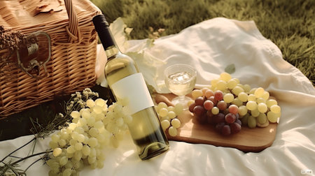 Wine bottle and grapes on a picnic blanket in the park.の素材