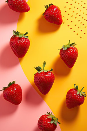 Strawberries on colorful background. Flat lay, top view.の素材