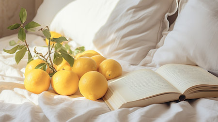 Lemons and a book on the bed in the morning.の素材