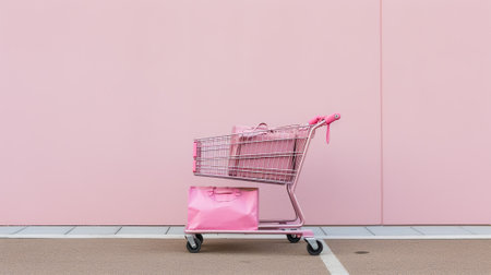 Pink shopping cart in front of pink wall background. Shopping concept.の素材