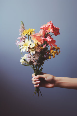Flower bouquet in a woman's hand on a gray backgroundの素材