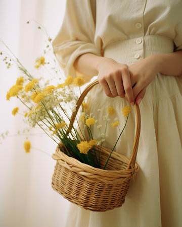 Wicker basket with wildflowers in the hands of a girlの素材