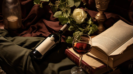 A bottle of wine, a book and a rose on a dark backgroundの素材