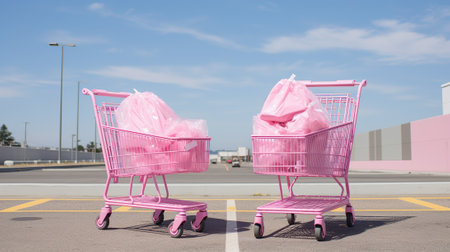 Two pink shopping carts on the parking lot of the shopping mall.の素材