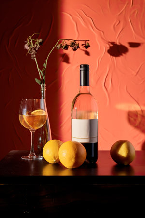 Bottle of white wine and glass on wooden table on red backgroundの素材
