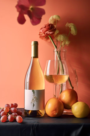 Bottle of white wine, grape and flowers on orange background.の素材