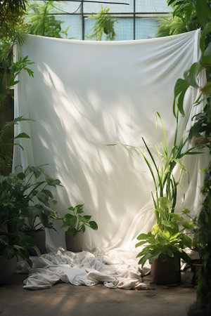 White fabric with green plants in the greenhouse. Concept of gardening.の素材