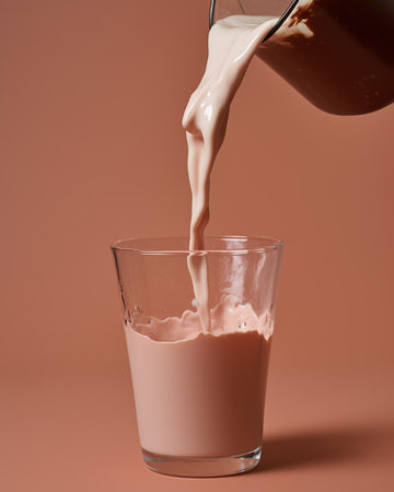 pouring chocolate milk into a glass on a brown background, close-upの素材