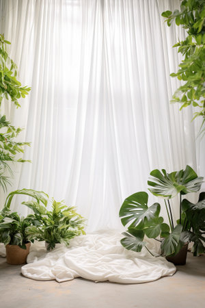 Interior of living room with green plants and white curtains, stock photoの素材