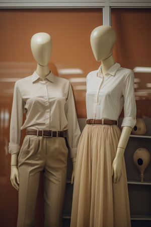 Women's beige trousers and blouse on mannequins in shop windowの素材