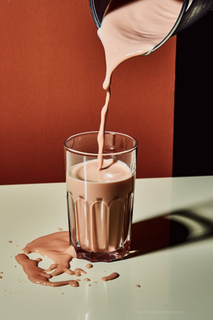 Pouring chocolate milk into a glass on a white table and red backgroundの素材