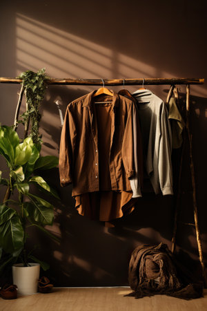 clothes on a hanger in a room hanging with green plantsの素材