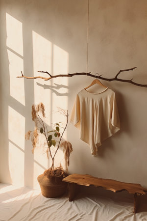 white t-shirt hanging on a branch in the interior of the roomの素材