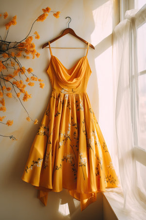 Yellow dress hanging on a hanger with flowers on the windowsillの素材
