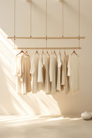 Rack with clean clothes on light wall background. Fashionable conceptの素材