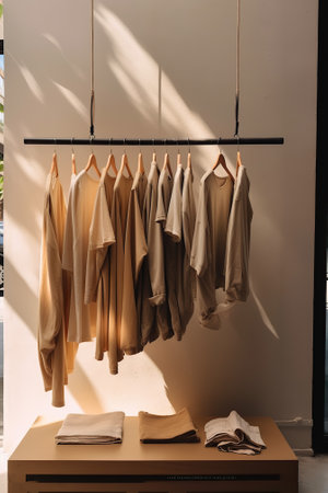 Clothes hanging on a hanger in a store, stock photoの素材
