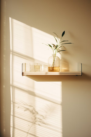 Vase with plant on shelf in sunlight. Interior design concept.の素材
