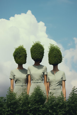 Three women in a row with green leaves in the form of a headの写真素材