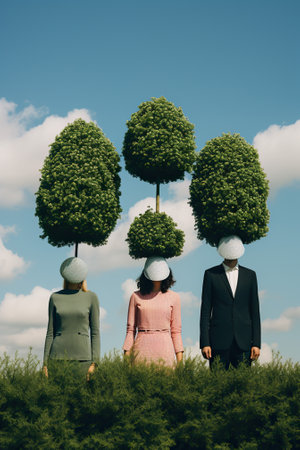 Group of business people standing in a row on the top of a treeの写真素材