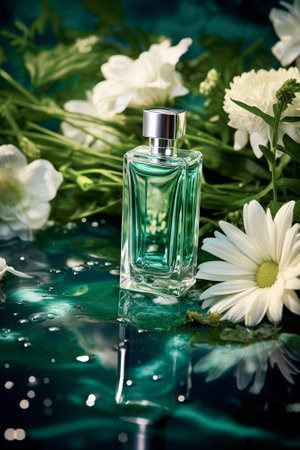 bottle of perfume on a dark background with white flowers and water dropsの素材