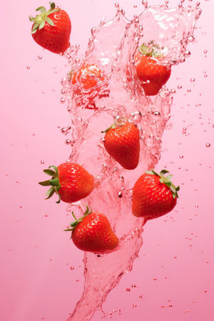 Strawberry falling into water with a splash on a pink backgroundの素材