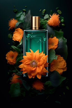 Perfume bottle with orange flowers and leaves on black background.の素材