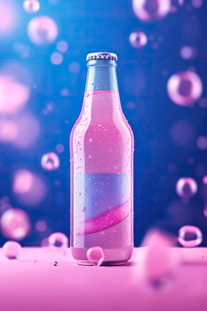 Pink soda bottle on blue background with pink bubbles. 3d illustrationの素材