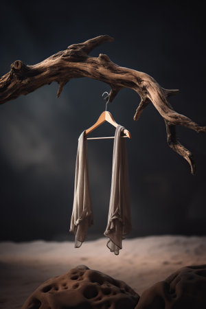 Wooden hammock hanging on a tree branch on a dark backgroundの素材
