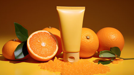 cosmetic cream and orange on a yellow background, close-upの素材