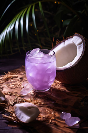 Coconut water with ice in glass on wooden table, tropical backgroundの素材