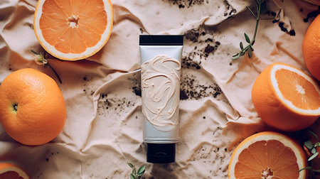 top view of cosmetic tube with cream and orange on crumpled paperの素材