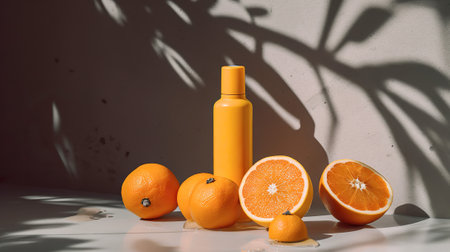 Orange skin care products with fresh oranges on white table. Sunlight and shadows.の素材