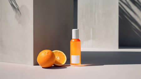 Orange cosmetic bottle mockup on white background with shadows. Sun protection productの素材