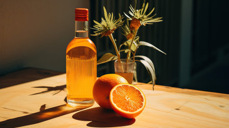 bottle of orange juice on a wooden table with oranges and flowersの素材