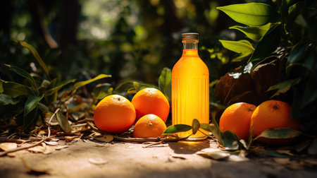 Orange juice in a bottle with fresh fruits on the ground in the gardenの素材
