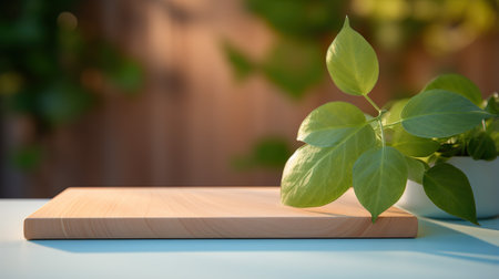 Wooden cutting board and green plant on the table with blurred backgroundの素材